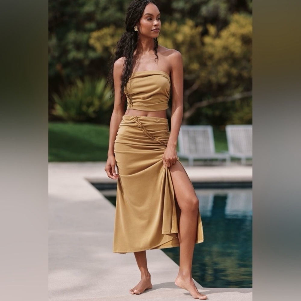 Anthropologie Celadine Set Gabbie Strapless Tube Top Ruched Maxi Skirt Bronz